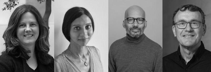 Deirdre Hollingsworth, a white woman white shoulder-length brown hair. Madhavi Krishnan, a woman of Asian descent with dark hair. Rahul Santhanam, a man of Asian descent with a beard. Peter Visscher, a white man white short dark hair and glasses.