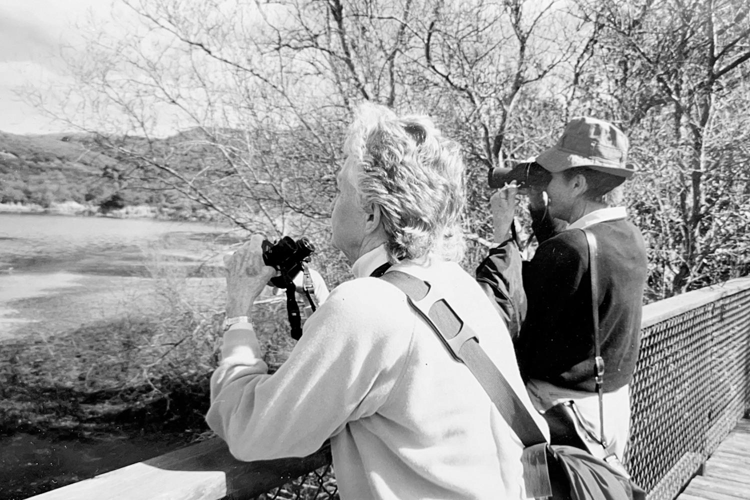 Image of two docents looking out over the preserve from the Causeway Bridge.
