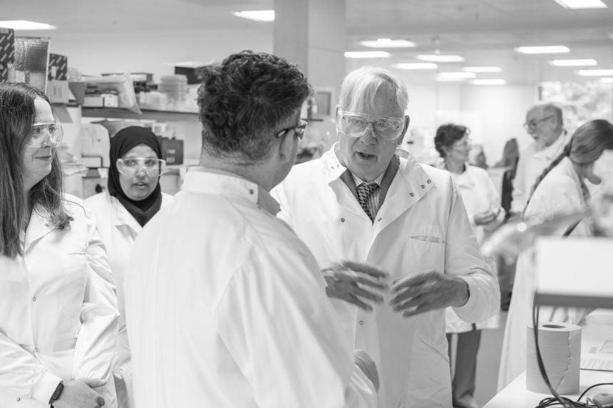 HRH the Duke of Gloucester meets PhD Student Manuel Gannon in the laboratories of the Oxford Vaccine Group at the University of Oxford.