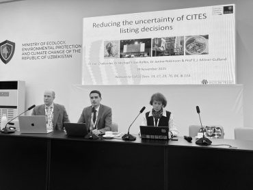 A panel of two men and a woman in front of a screen saying 'Reducing the uncertainty of CITES listing decisions.'