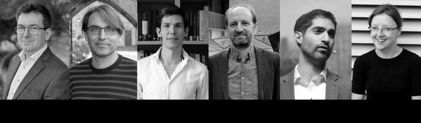 Portrait photographs of Dr Robert Leese, Professor Jason Lotay, Professor James Maynard, Professor Christoph Reisinger, Zubin Siganporia, Professor Sarah Waters.