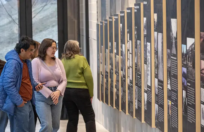 Two people look at a series of panels on a wall.