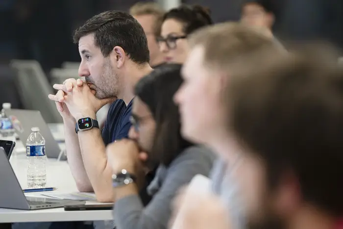 Attendees listen to a presentation at the Deep Tech Venture Ready Program at the Swartz Center for Entrepreneurship.