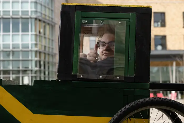 Sam Radziwon sits inside of Balsa