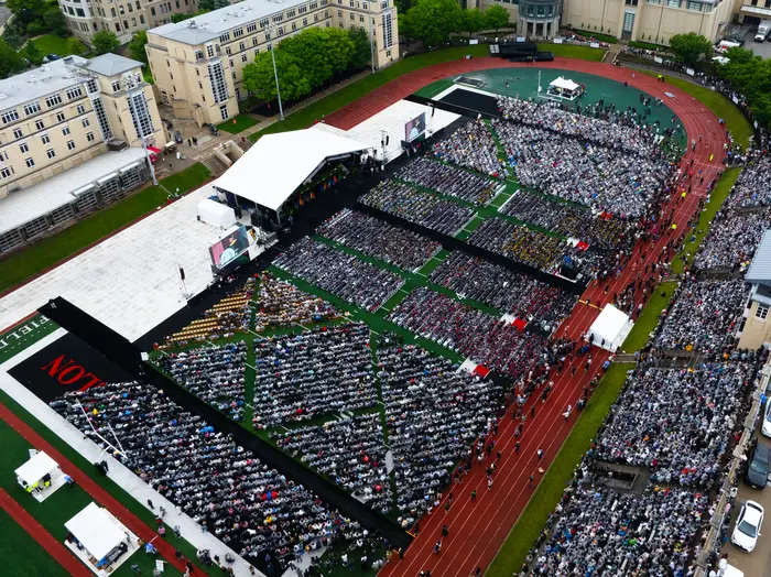 An aerial photo of the crowd at CMU Commencement.